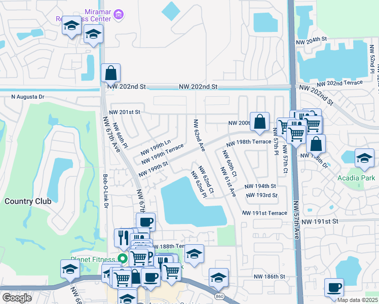 map of restaurants, bars, coffee shops, grocery stores, and more near 6270 Northwest 199th Street in Hialeah