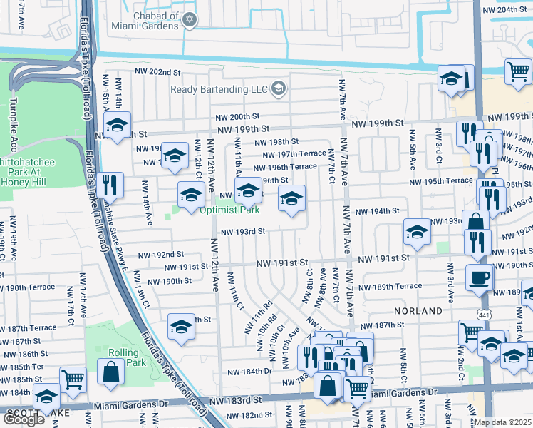 map of restaurants, bars, coffee shops, grocery stores, and more near 19340 Northwest 8th Court in Miami