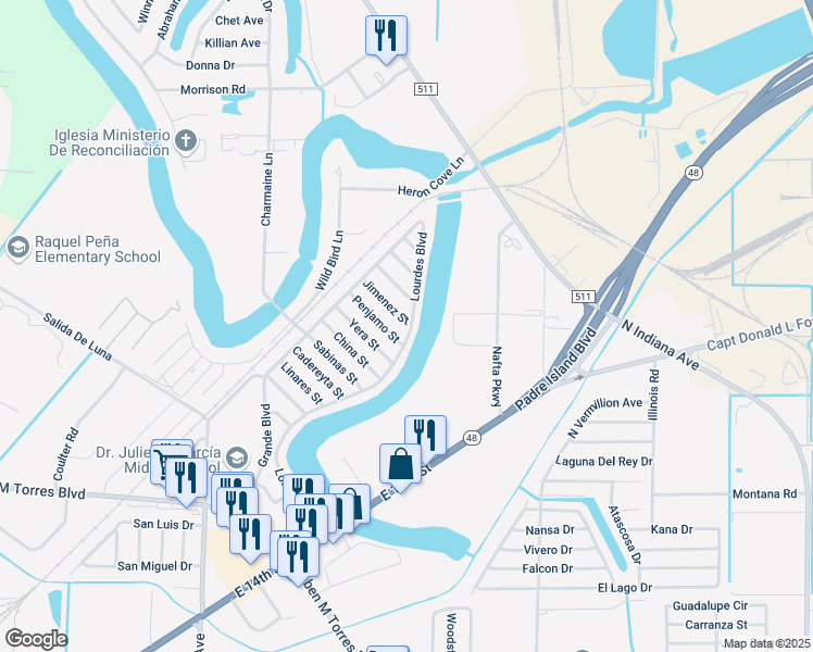 map of restaurants, bars, coffee shops, grocery stores, and more near 6307 Penjamo Street in Brownsville