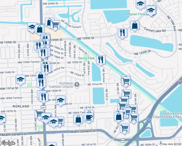 map of restaurants, bars, coffee shops, grocery stores, and more near 19220 Northeast 2nd Avenue in Miami