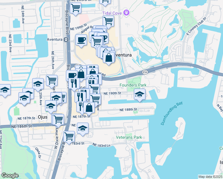 map of restaurants, bars, coffee shops, grocery stores, and more near 3000 Northeast 190th Street in Aventura
