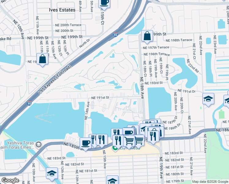 map of restaurants, bars, coffee shops, grocery stores, and more near 1601 Northeast 191st Street in North Miami Beach