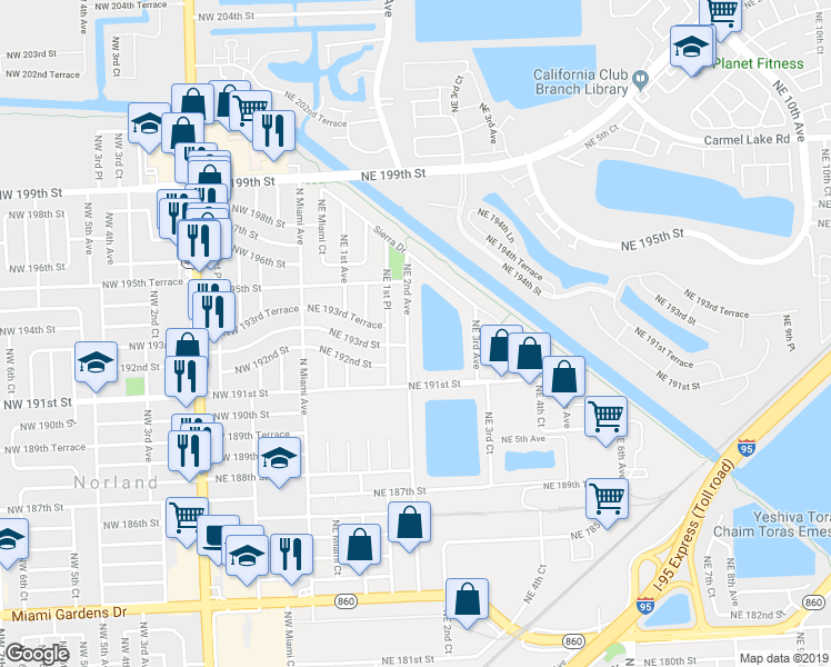 map of restaurants, bars, coffee shops, grocery stores, and more near 19220 Northeast 2nd Avenue in Miami