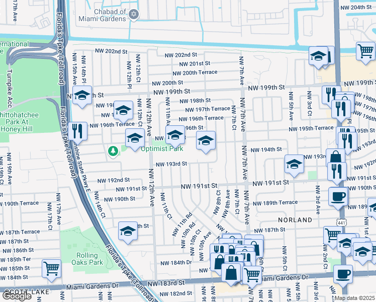 map of restaurants, bars, coffee shops, grocery stores, and more near 1050 Northwest 193rd Street in Miami