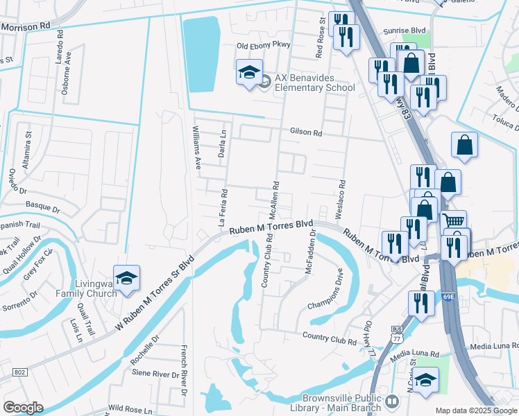 map of restaurants, bars, coffee shops, grocery stores, and more near 175 Fm 802 in Brownsville