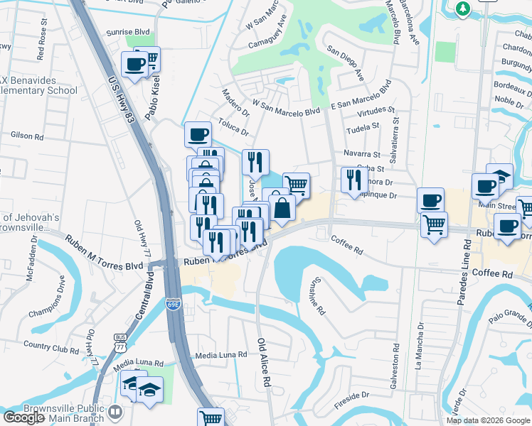 map of restaurants, bars, coffee shops, grocery stores, and more near 598 Jose Marti Boulevard in Brownsville
