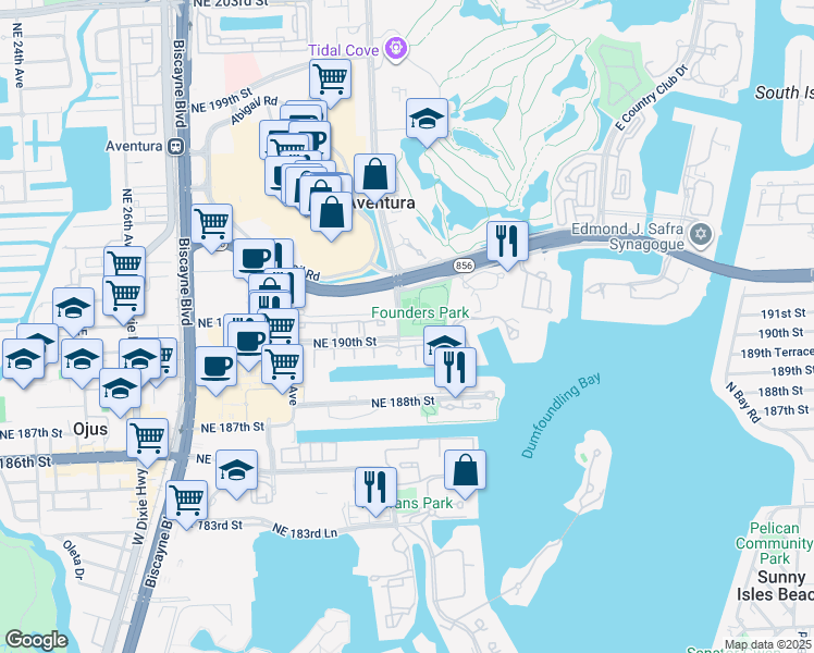 map of restaurants, bars, coffee shops, grocery stores, and more near 3105 Northeast 190th Street in Aventura