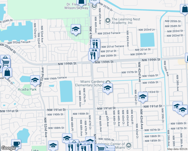 map of restaurants, bars, coffee shops, grocery stores, and more near 4721 Northwest 195th Terrace in Miami Gardens