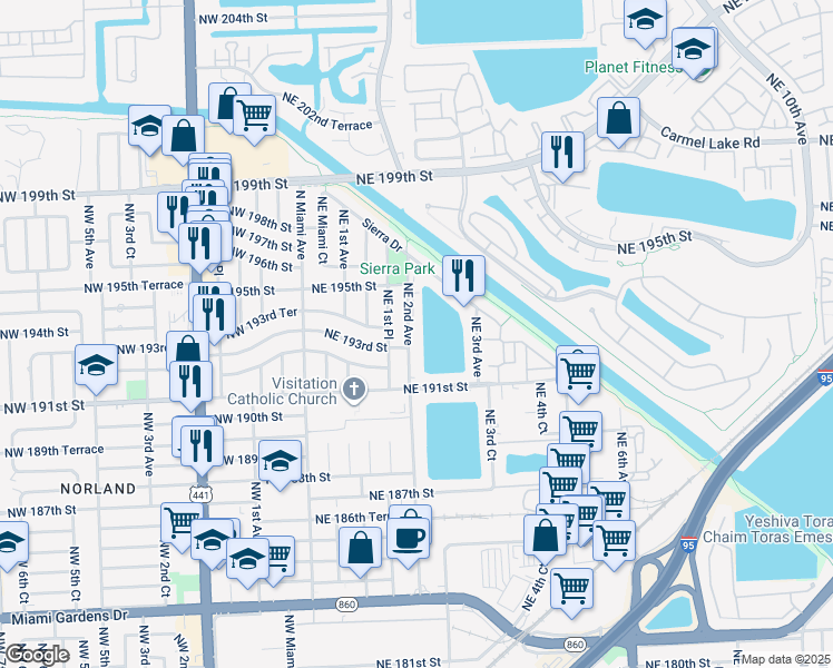 map of restaurants, bars, coffee shops, grocery stores, and more near 19220 Northeast 2nd Avenue in Miami