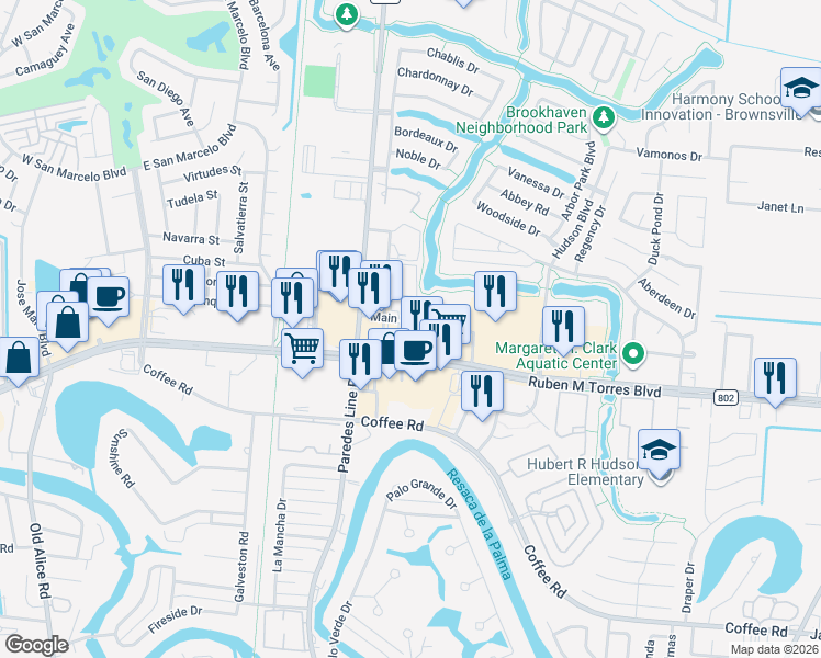map of restaurants, bars, coffee shops, grocery stores, and more near 2243-2367 East Ruben M Torres Sr Boulevard in Brownsville
