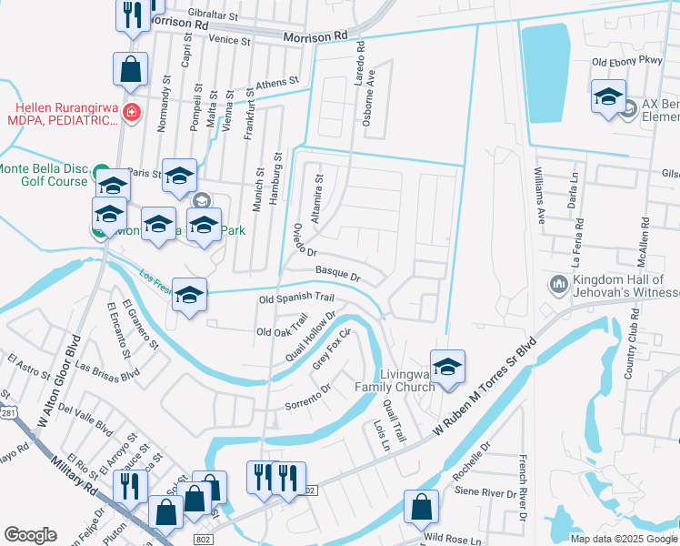 map of restaurants, bars, coffee shops, grocery stores, and more near 3044 Basque Drive in Brownsville