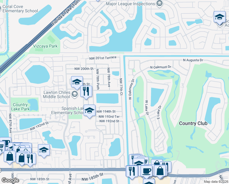 map of restaurants, bars, coffee shops, grocery stores, and more near 7762 Northwest 197th Street in Hialeah