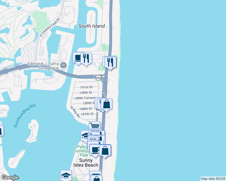 map of restaurants, bars, coffee shops, grocery stores, and more near 18975 Collins Avenue in Sunny Isles Beach