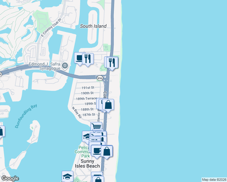 map of restaurants, bars, coffee shops, grocery stores, and more near 18975 Collins Avenue in Sunny Isles Beach