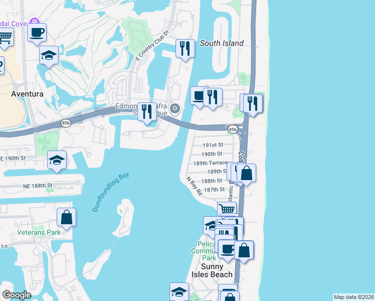map of restaurants, bars, coffee shops, grocery stores, and more near 18960 North Bay Road in Sunny Isles Beach
