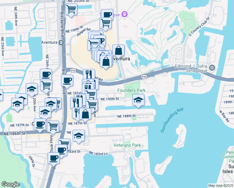map of restaurants, bars, coffee shops, grocery stores, and more near 3055 Northeast 190th Street in Aventura