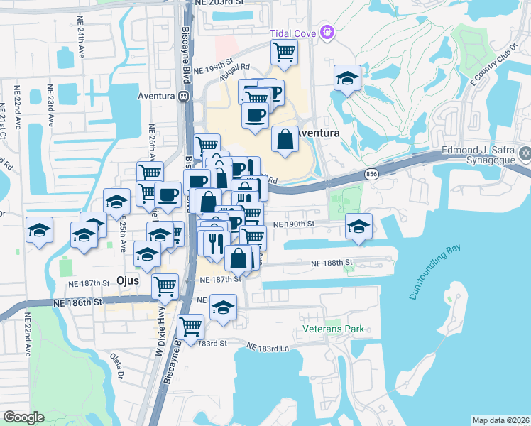 map of restaurants, bars, coffee shops, grocery stores, and more near 19084 Northeast 29th Avenue in Aventura