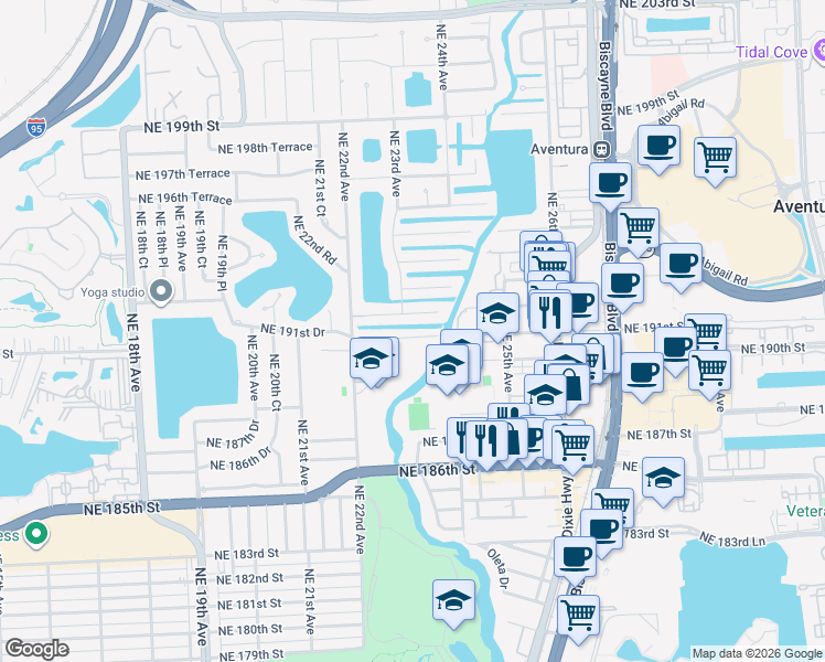 map of restaurants, bars, coffee shops, grocery stores, and more near 2335 Northeast 191st Street in Miami