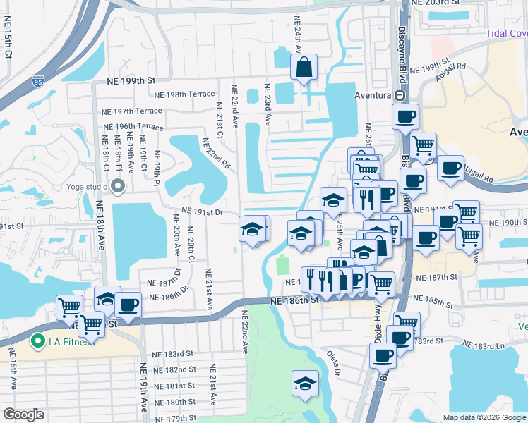 map of restaurants, bars, coffee shops, grocery stores, and more near 2261 Northeast 191st Street in Miami