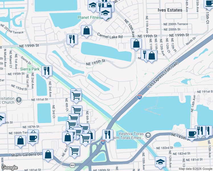 map of restaurants, bars, coffee shops, grocery stores, and more near 673 Northeast 191st Terrace in Miami