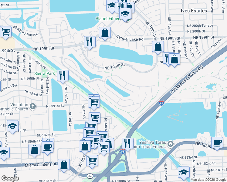 map of restaurants, bars, coffee shops, grocery stores, and more near 655 Northeast 191st Street in Miami