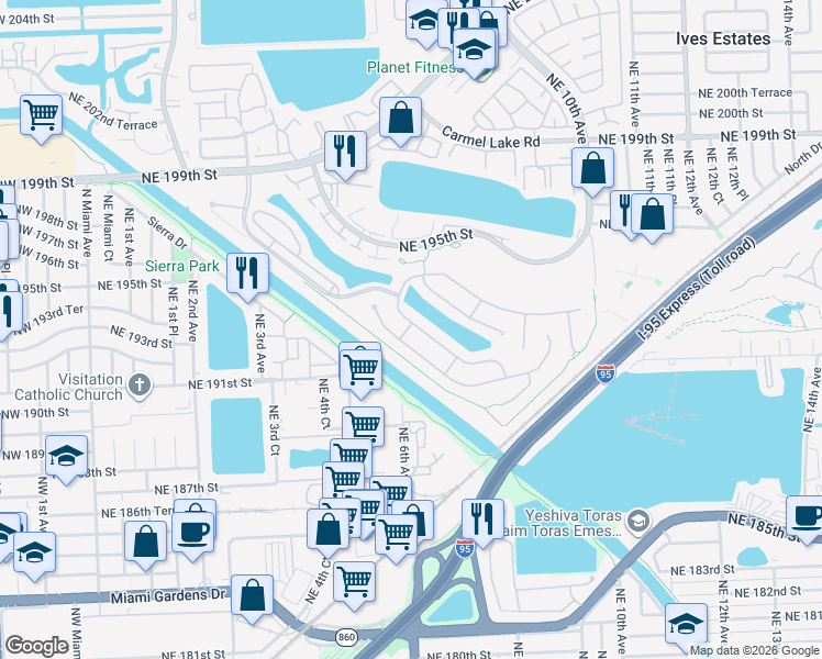 map of restaurants, bars, coffee shops, grocery stores, and more near 641-683 Northeast 191st Street in Miami