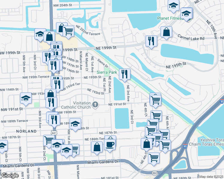 map of restaurants, bars, coffee shops, grocery stores, and more near 19220 Northeast 2nd Avenue in Miami