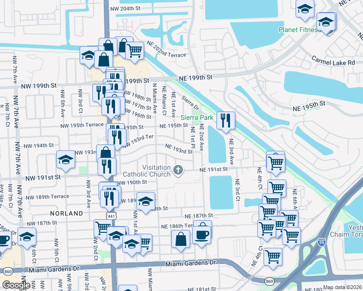 map of restaurants, bars, coffee shops, grocery stores, and more near 130 Northeast 193rd Street in Miami