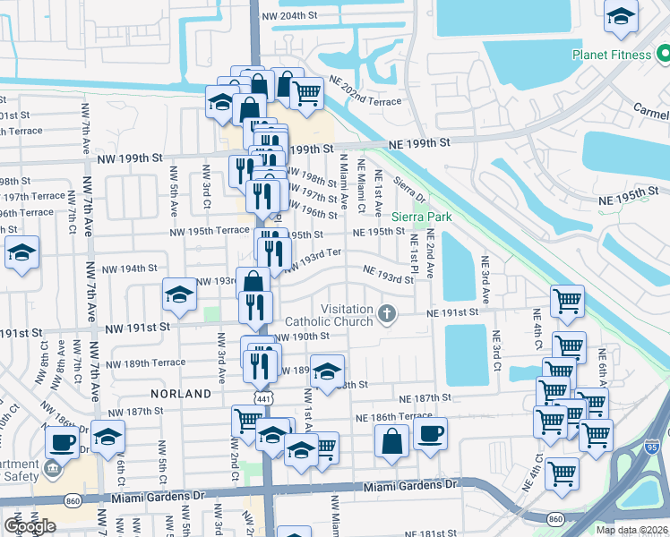 map of restaurants, bars, coffee shops, grocery stores, and more near 15 Northwest 192nd Street in Miami