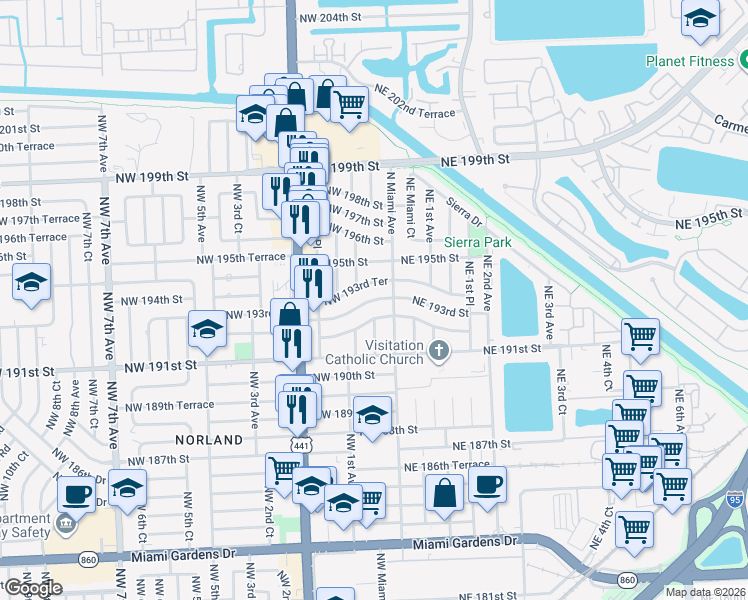 map of restaurants, bars, coffee shops, grocery stores, and more near 15 Northwest 192nd Street in Miami