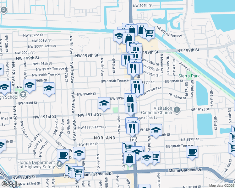 map of restaurants, bars, coffee shops, grocery stores, and more near 320 Northwest 193rd Street in Miami