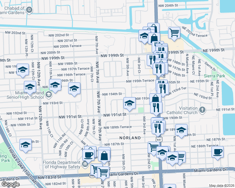 map of restaurants, bars, coffee shops, grocery stores, and more near 561 Northwest 193rd Street in Miami