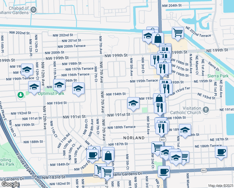 map of restaurants, bars, coffee shops, grocery stores, and more near 561 Northwest 193rd Street in Miami