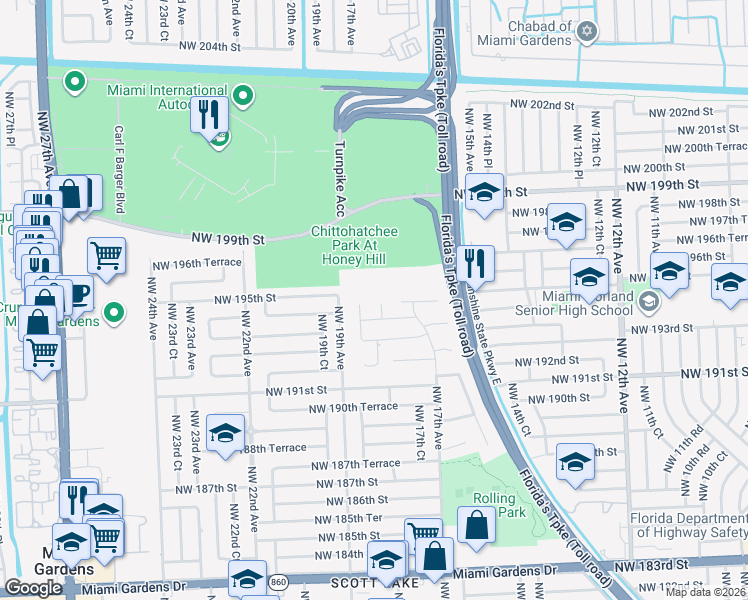 map of restaurants, bars, coffee shops, grocery stores, and more near 1805 Northwest 194th Street in Miami Gardens