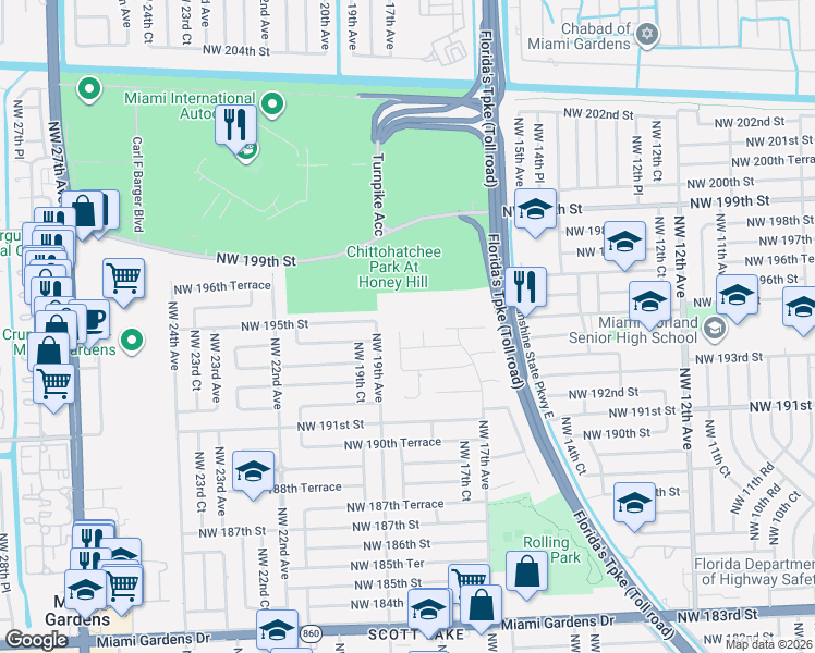 map of restaurants, bars, coffee shops, grocery stores, and more near 1805 Northwest 194th Street in Miami Gardens