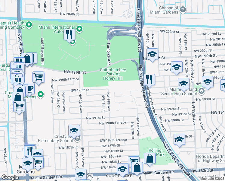 map of restaurants, bars, coffee shops, grocery stores, and more near 19401 Northwest 19th Avenue in Miami Gardens