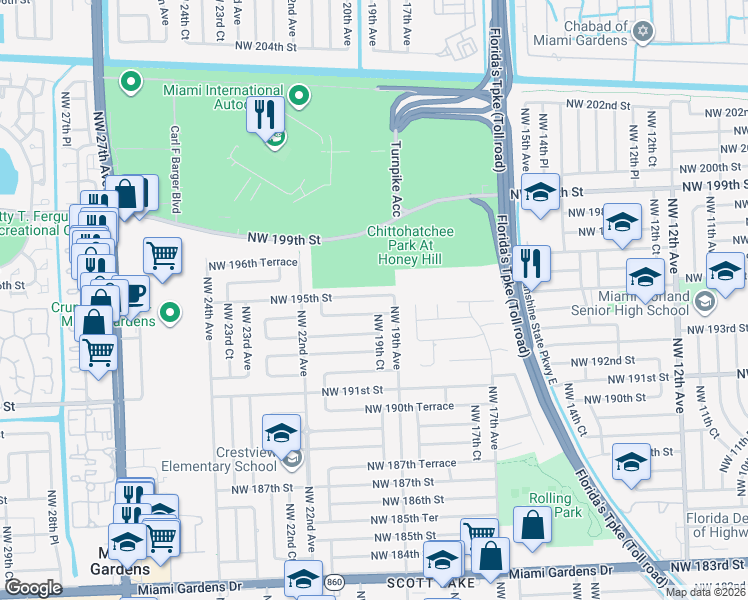 map of restaurants, bars, coffee shops, grocery stores, and more near 1950 Northwest 194th Terrace in Miami Gardens