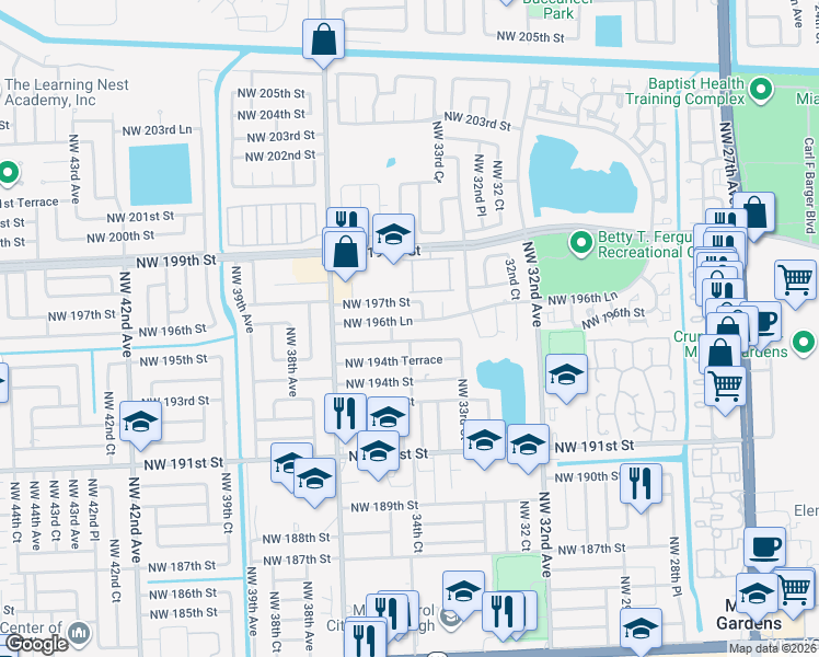 map of restaurants, bars, coffee shops, grocery stores, and more near 3430 Northwest 195th Terrace in Miami Gardens