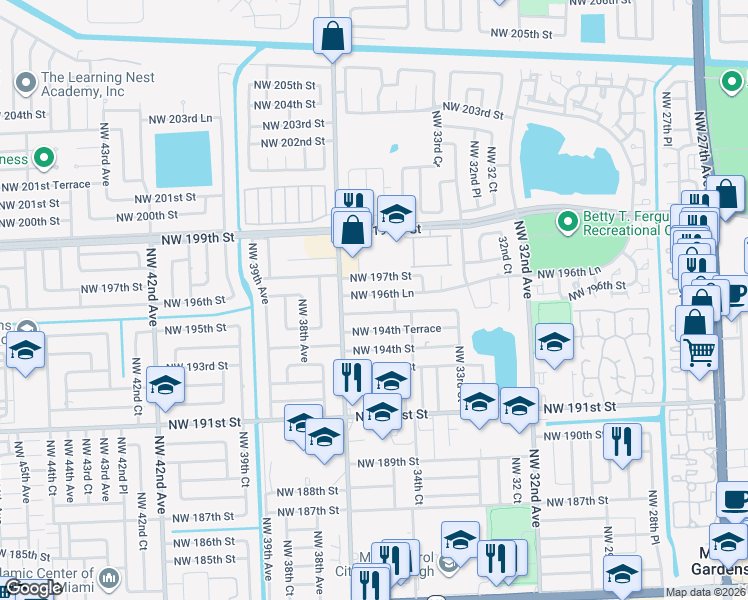 map of restaurants, bars, coffee shops, grocery stores, and more near 3520 Northwest 195th Terrace in Miami Gardens