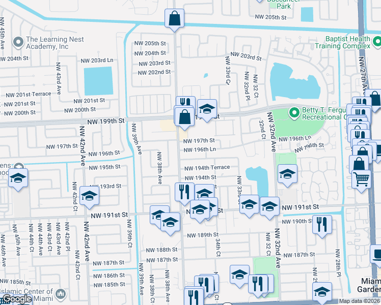map of restaurants, bars, coffee shops, grocery stores, and more near 3520 Northwest 195th Terrace in Miami Gardens