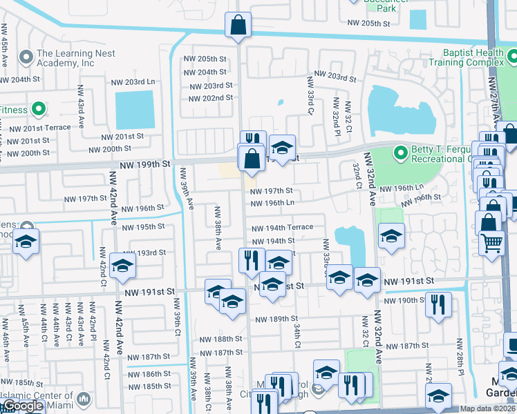 map of restaurants, bars, coffee shops, grocery stores, and more near 3520 Northwest 195th Terrace in Miami Gardens