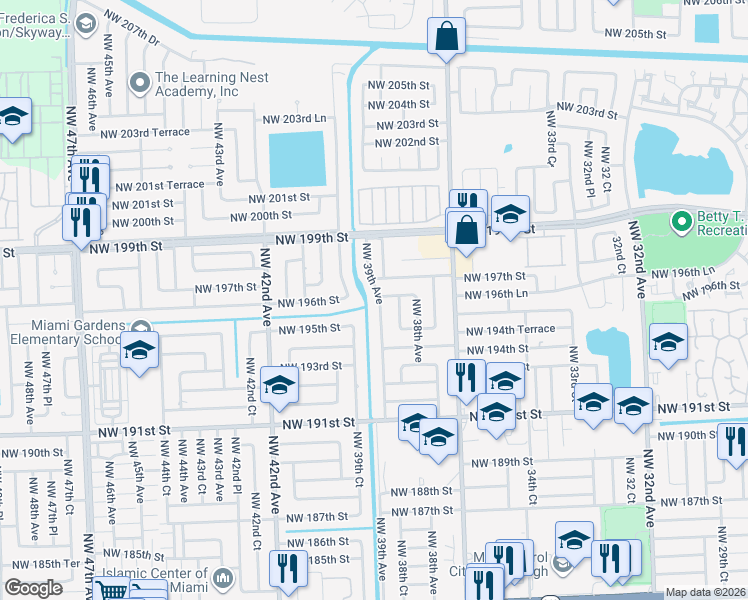 map of restaurants, bars, coffee shops, grocery stores, and more near 19525 Northwest 39th Avenue in Miami Gardens