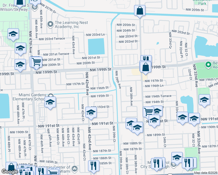 map of restaurants, bars, coffee shops, grocery stores, and more near 3925 Northwest 39th Court in Miami Gardens