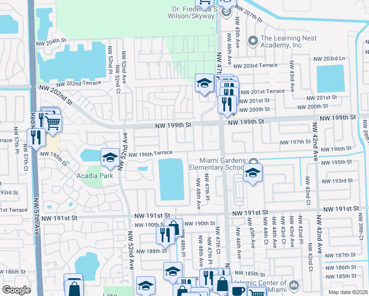 map of restaurants, bars, coffee shops, grocery stores, and more near 19540 Northwest 48th Court in Miami Gardens