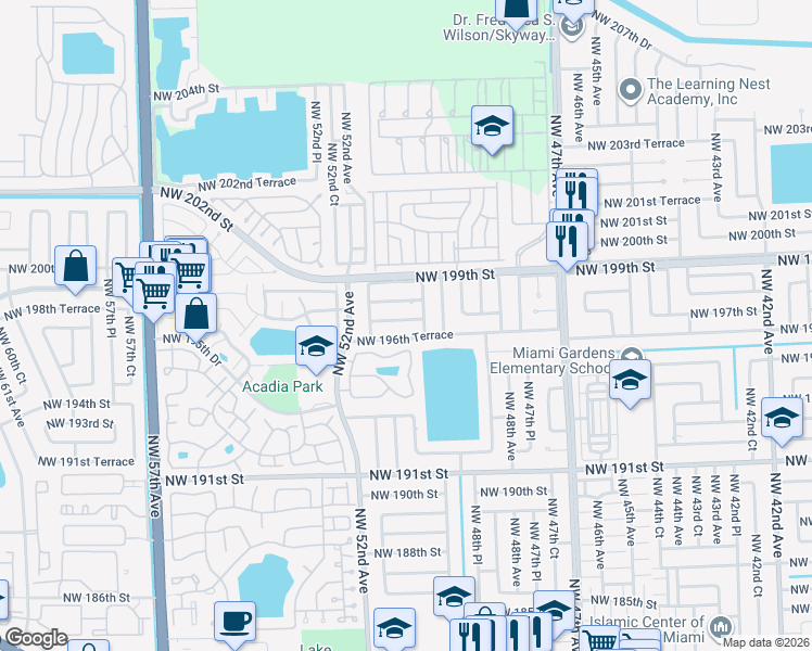 map of restaurants, bars, coffee shops, grocery stores, and more near 5059 Northwest 195th Lane in Miami Gardens