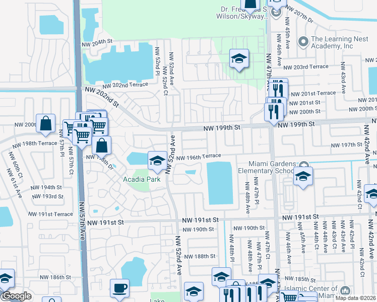 map of restaurants, bars, coffee shops, grocery stores, and more near 5059 Northwest 195th Lane in Miami Gardens