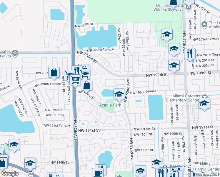 map of restaurants, bars, coffee shops, grocery stores, and more near 5315 Northwest 195th Terrace in Miami Gardens