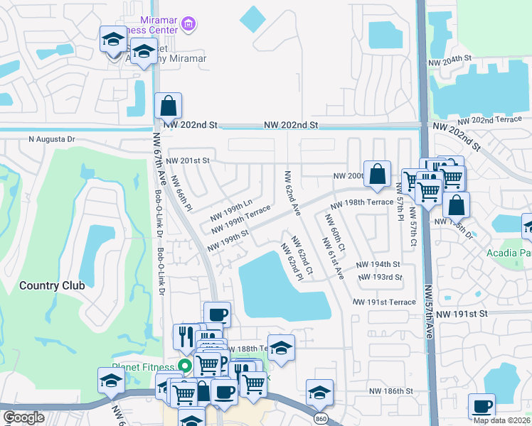 map of restaurants, bars, coffee shops, grocery stores, and more near 6270 Northwest 199th Street in Hialeah