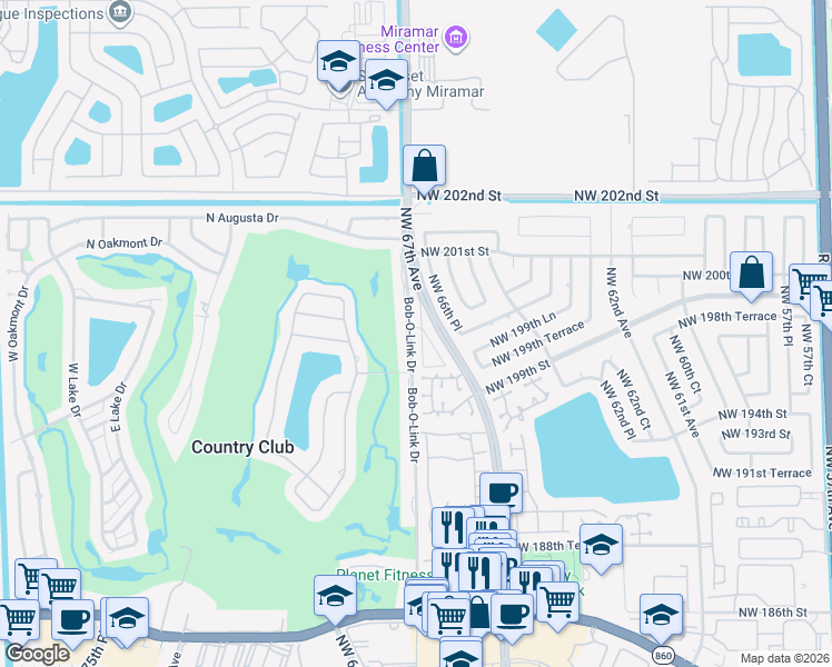 map of restaurants, bars, coffee shops, grocery stores, and more near 19601 Cypress Court East in Hialeah