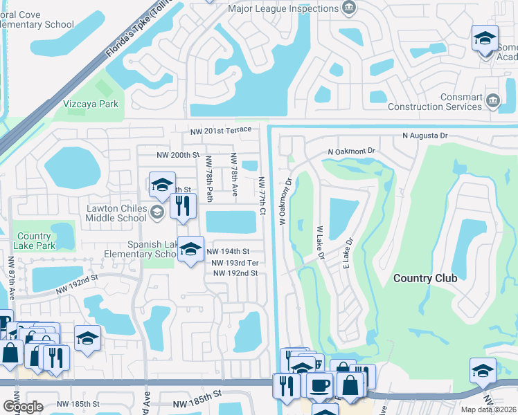 map of restaurants, bars, coffee shops, grocery stores, and more near 7762 Northwest 197th Street in Hialeah